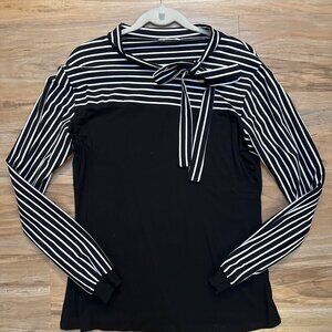 Zeagoo Black & White Stripe Long Sleeve Tie-Neck Top – Size XL